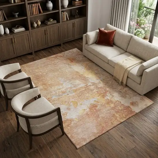 Salmon Ivory And Gold Abstract Washable Area Rug With UV Protection Photo 1