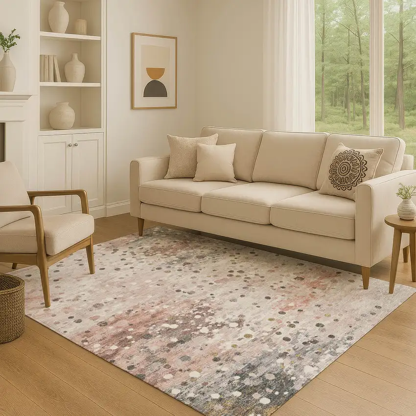 Salmon Ivory And Gray Abstract Washable Area Rug With UV Protection Photo 5