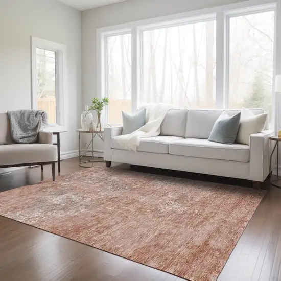 Salmon Ivory And Gray Floral Washable Indoor Outdoor Area Rug Photo 9