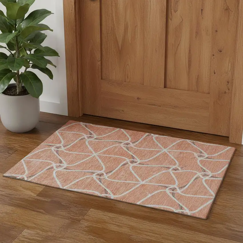 Salmon Ivory And Gray Geometric Washable Area Rug With UV Protection Photo 1