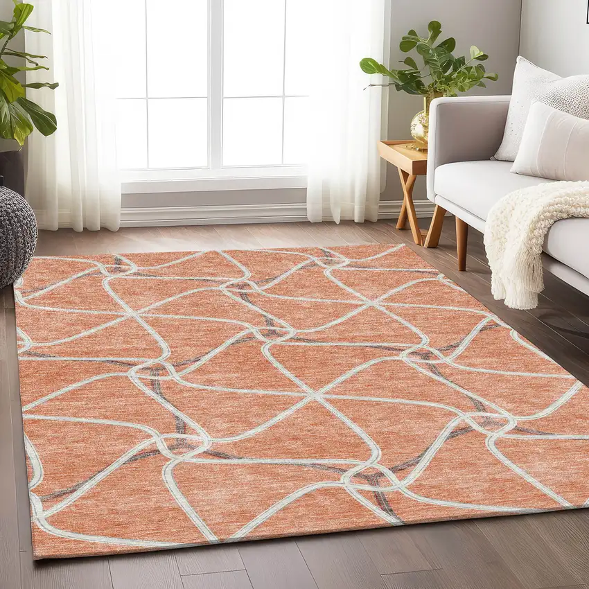 Salmon Ivory And Gray Geometric Washable Area Rug With UV Protection Photo 4