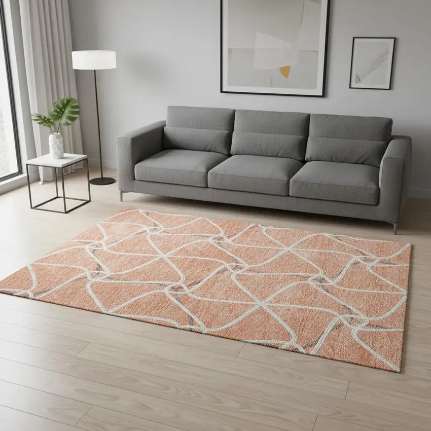 Salmon Ivory And Gray Geometric Washable Area Rug With UV Protection Photo 2