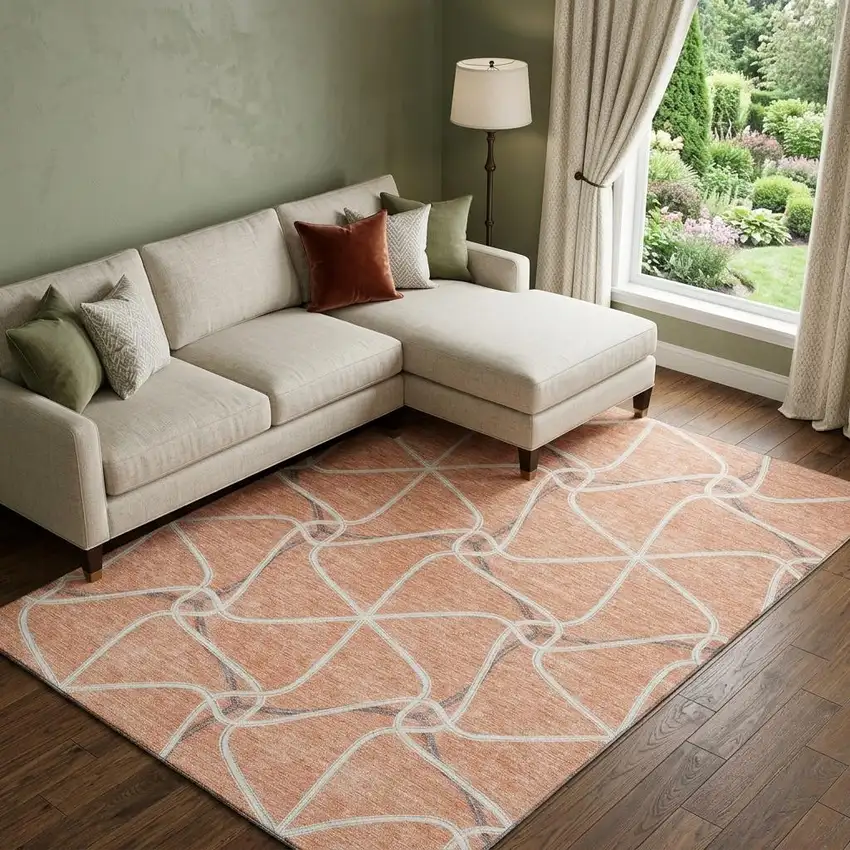 Salmon Ivory And Gray Geometric Washable Area Rug With UV Protection Photo 1
