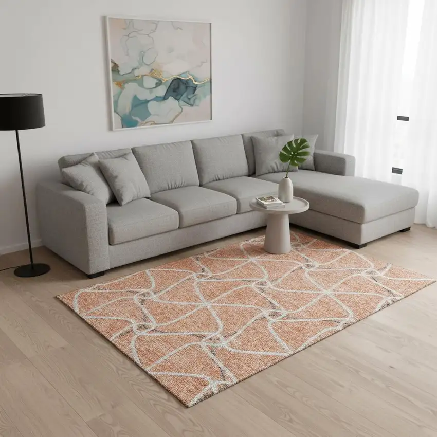 Salmon Ivory And Gray Geometric Washable Area Rug With UV Protection Photo 2