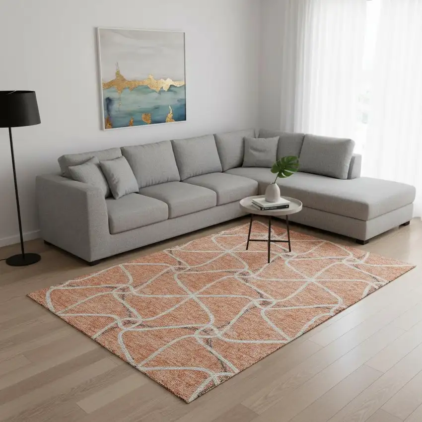 Salmon Ivory And Gray Geometric Washable Area Rug With UV Protection Photo 2