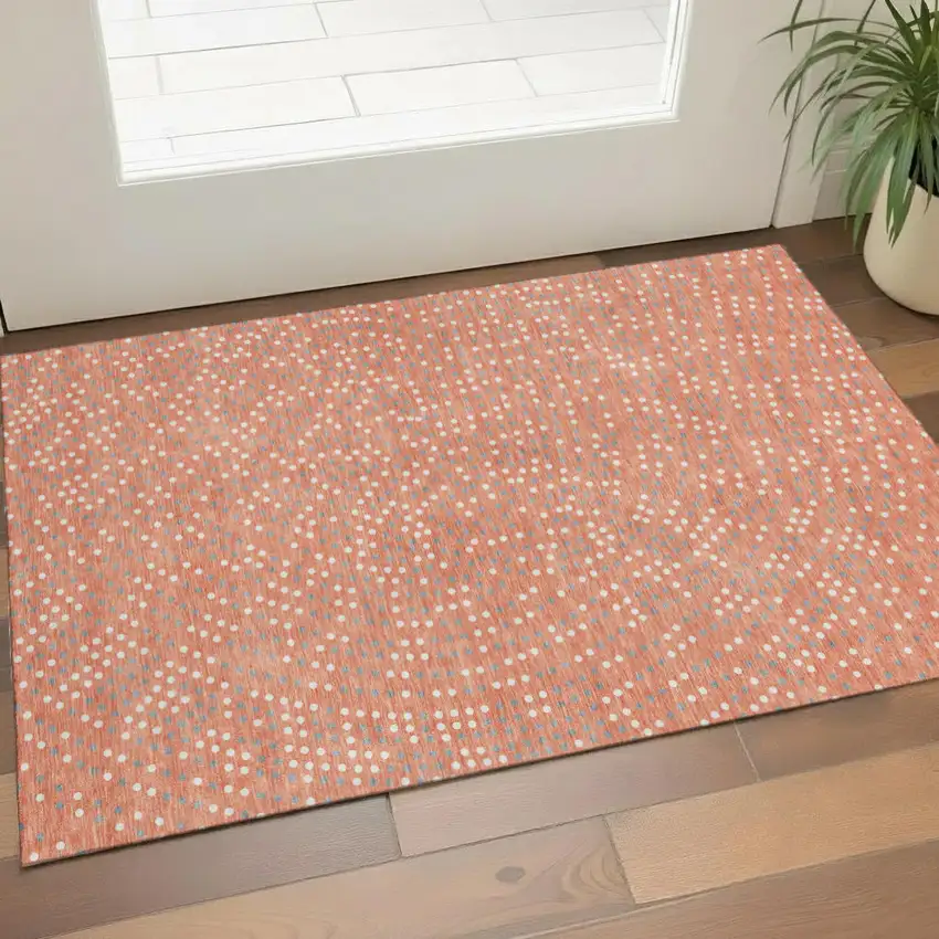 Salmon Ivory And Gray Polka Dot Washable Area Rug With UV Protection Photo 1