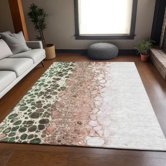 Salmon Ivory And Green Abstract Washable Area Rug With UV Protection Photo 4