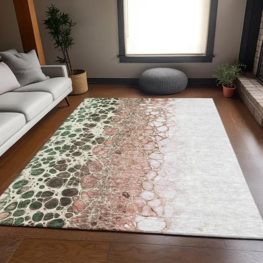 Salmon Ivory And Green Abstract Washable Area Rug With UV Protection Photo 4