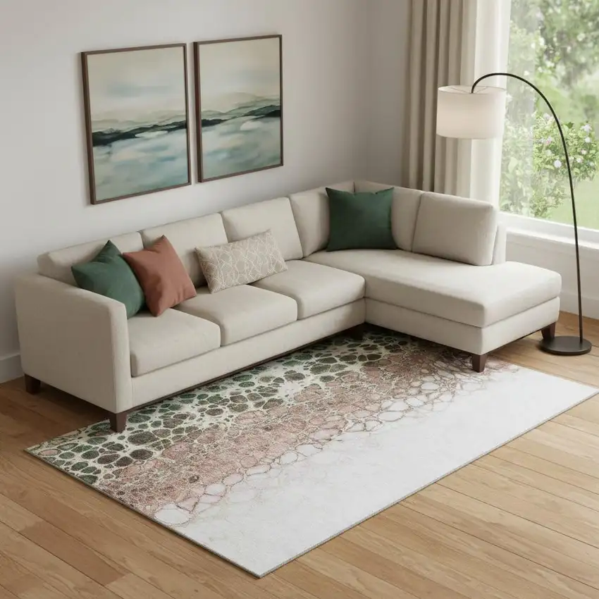 Salmon Ivory And Green Abstract Washable Area Rug With UV Protection Photo 1