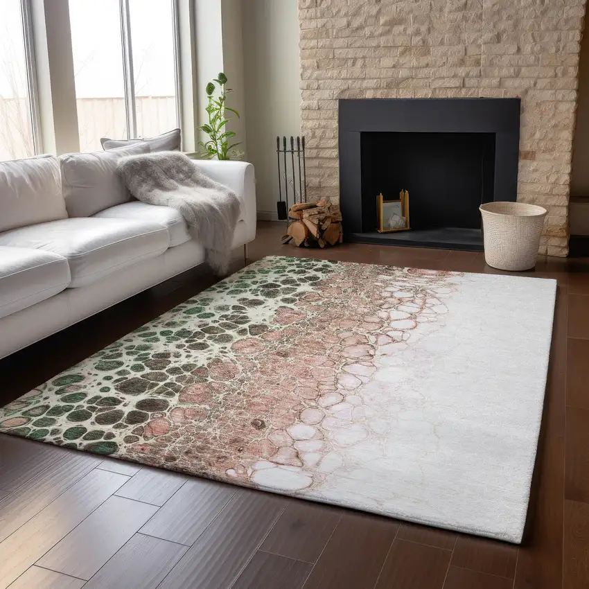 Salmon Ivory And Green Abstract Washable Area Rug With UV Protection Photo 5