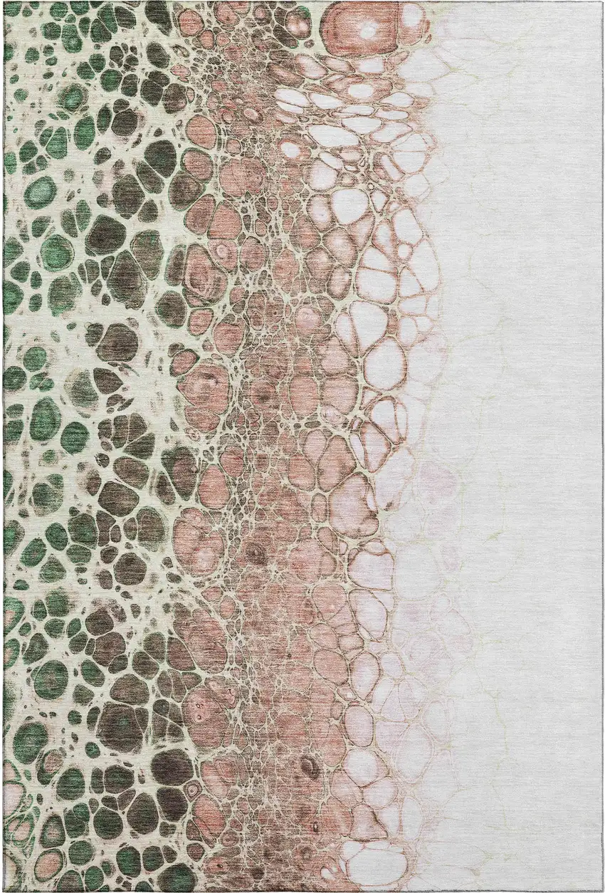 Salmon Ivory And Green Abstract Washable Area Rug With UV Protection Photo 1