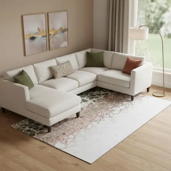 Salmon Ivory And Green Abstract Washable Area Rug With UV Protection Photo 1