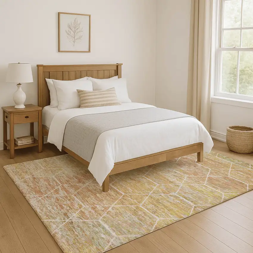 Salmon Ivory And Wheat Geometric Washable Area Rug With UV Protection Photo 1