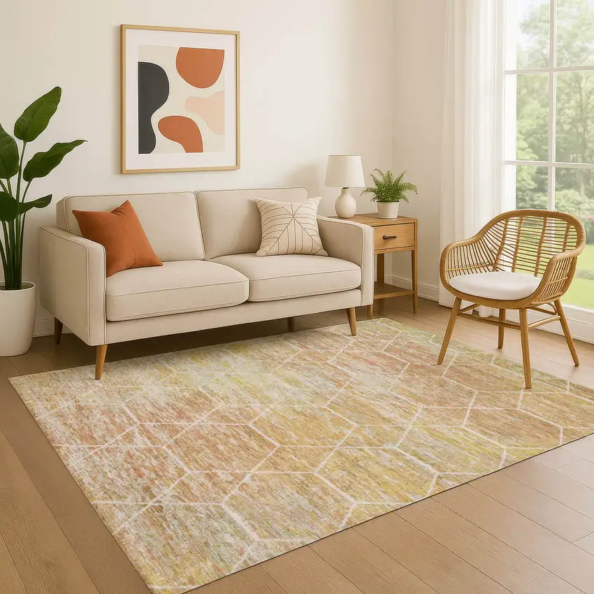 Salmon Ivory And Wheat Geometric Washable Area Rug With UV Protection Photo 2
