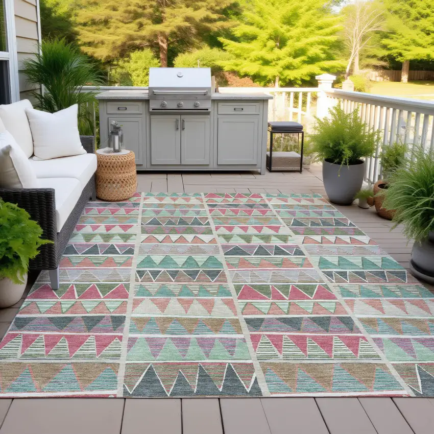Salmon Ivory Olive Green And Blush Geometric Washable Indoor Outdoor Area Rug Photo 7