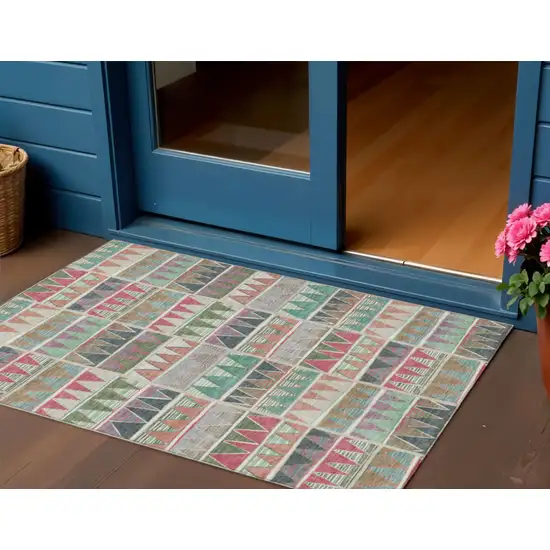 Salmon Ivory Olive Green And Blush Geometric Washable Indoor Outdoor Area Rug Photo 2