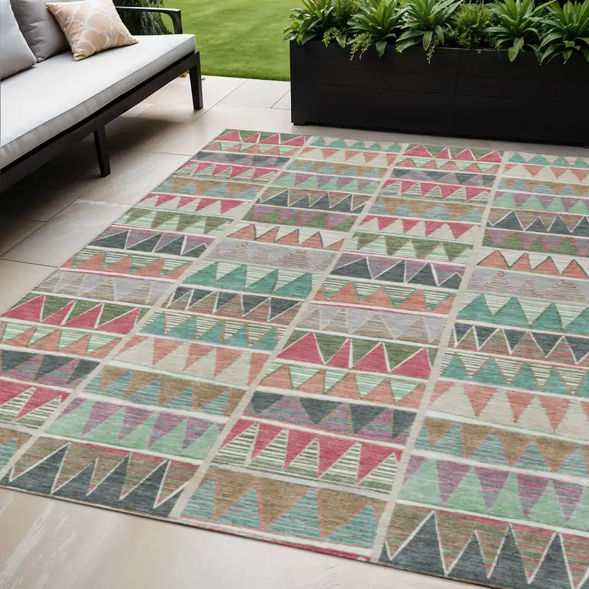 Salmon Ivory Olive Green And Blush Geometric Washable Indoor Outdoor Area Rug Photo 2