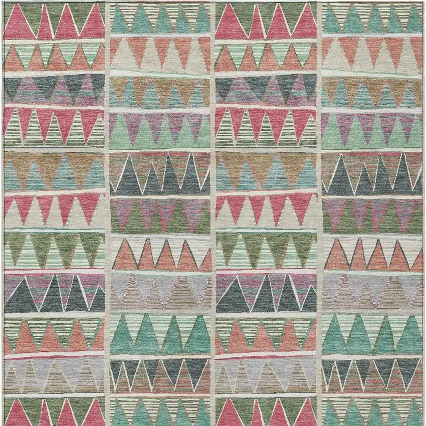 Salmon Ivory Olive Green And Blush Geometric Washable Indoor Outdoor Area Rug Photo 3