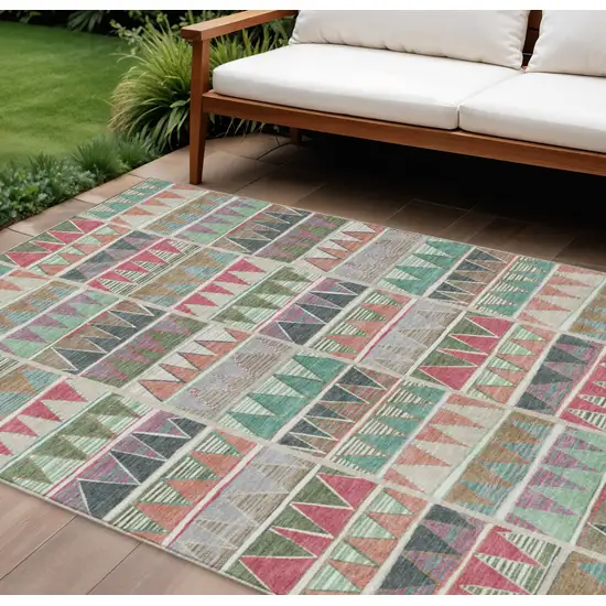 Salmon Ivory Olive Green And Blush Geometric Washable Indoor Outdoor Area Rug Photo 2
