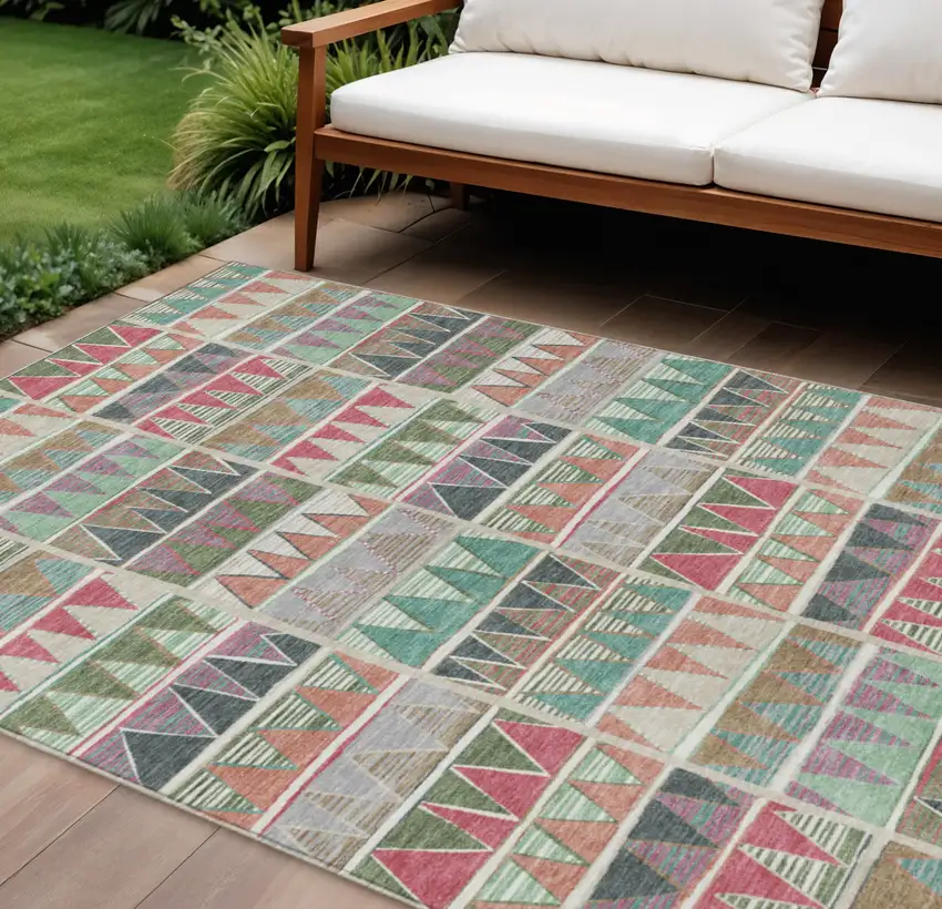 Salmon Ivory Olive Green And Blush Geometric Washable Indoor Outdoor Area Rug Photo 2