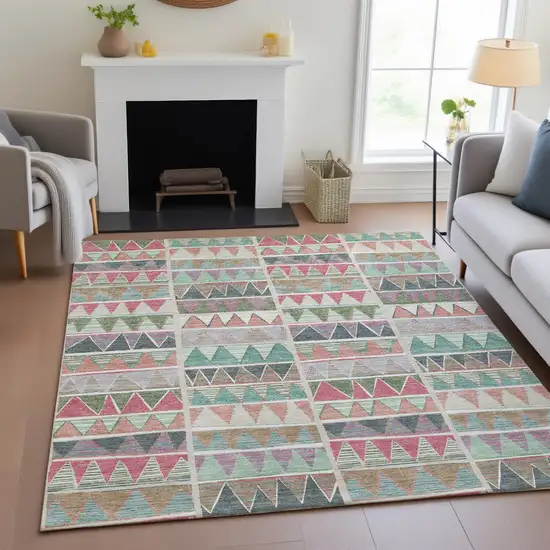 Salmon Ivory Olive Green And Blush Geometric Washable Indoor Outdoor Area Rug Photo 8