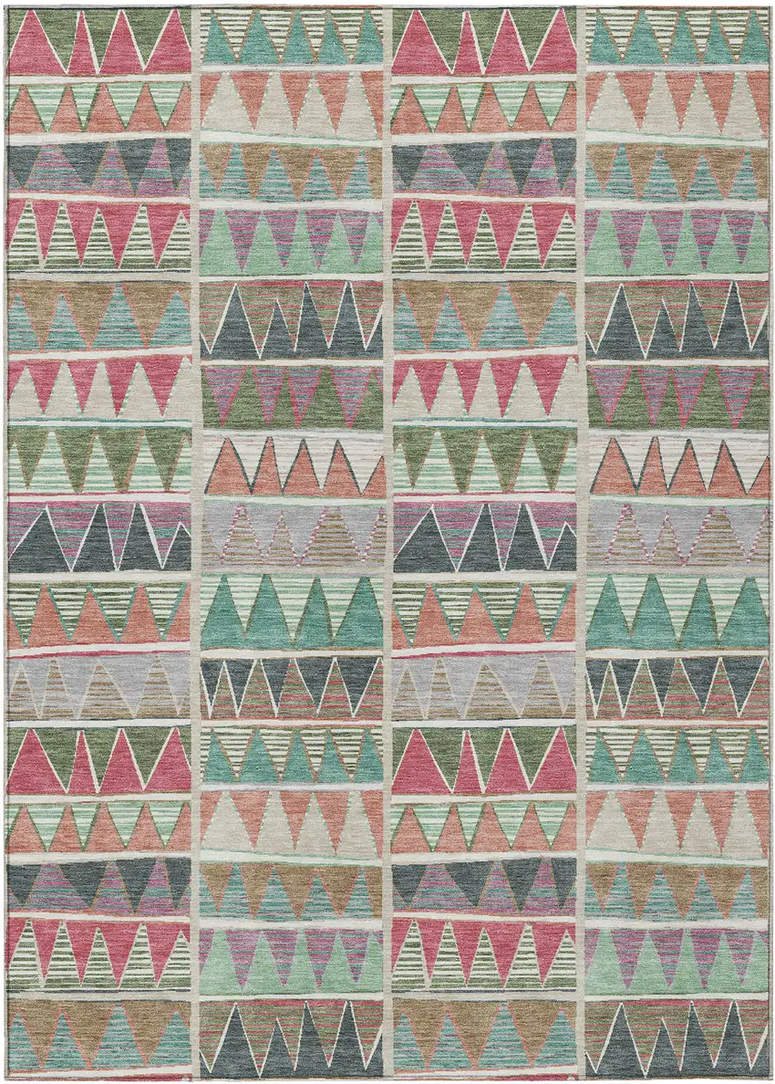Salmon Ivory Olive Green And Blush Geometric Washable Indoor Outdoor Area Rug Photo 1