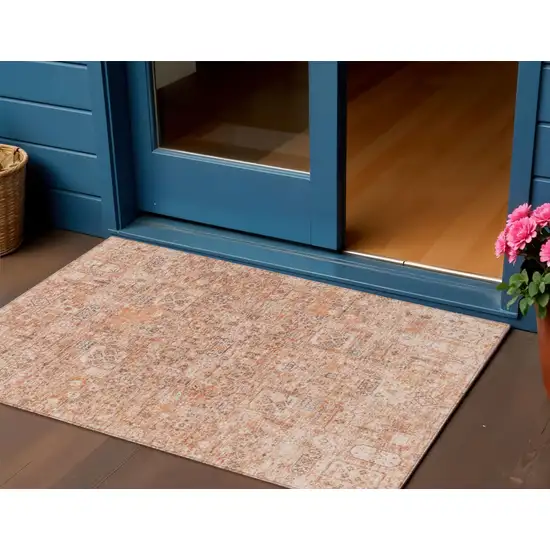 Salmon Orange And Gray Floral Washable Indoor Outdoor Area Rug Photo 1
