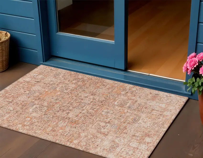 Salmon Orange And Gray Floral Washable Indoor Outdoor Area Rug Photo 1