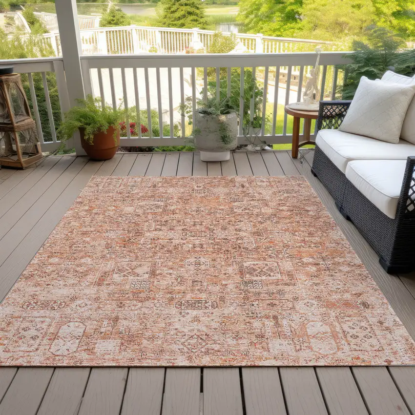 Salmon Orange And Gray Floral Washable Indoor Outdoor Area Rug Photo 9