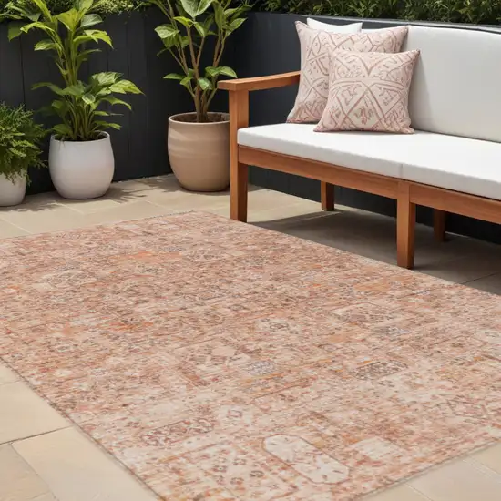 Salmon Orange And Gray Floral Washable Indoor Outdoor Area Rug Photo 1