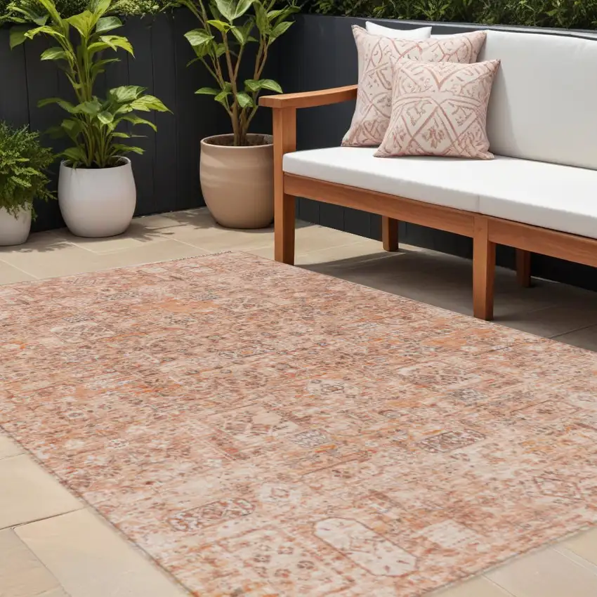 Salmon Orange And Gray Floral Washable Indoor Outdoor Area Rug Photo 1