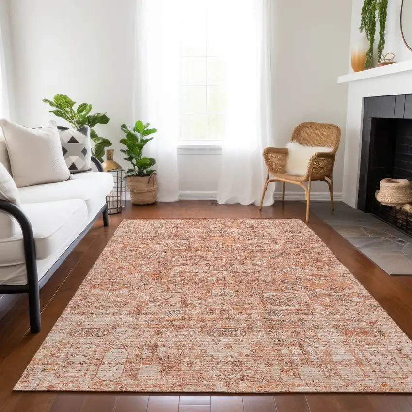 Salmon Orange And Gray Floral Washable Indoor Outdoor Area Rug Photo 9