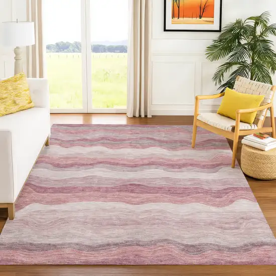 Salmon Peach And Beige Striped Washable Indoor Outdoor Area Rug Photo 5