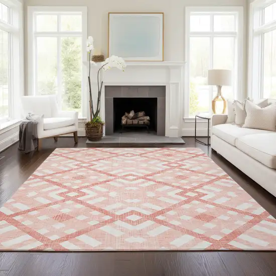 Salmon Peach And Ivory Geometric Washable Indoor Outdoor Area Rug Photo 8