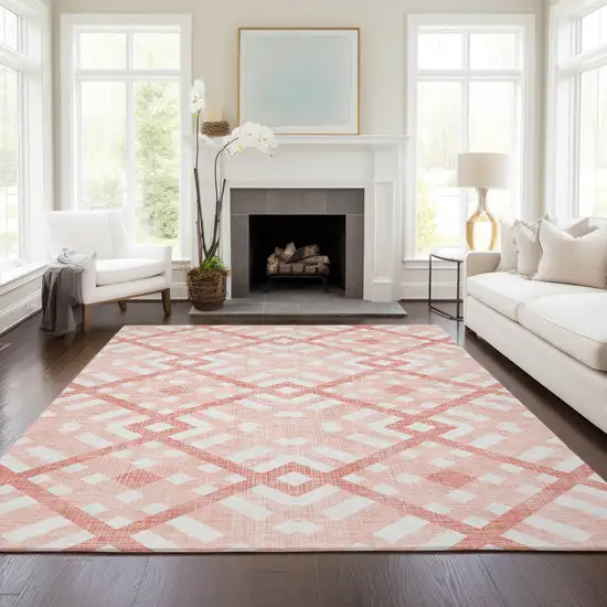 Salmon Peach And Ivory Geometric Washable Indoor Outdoor Area Rug Photo 8