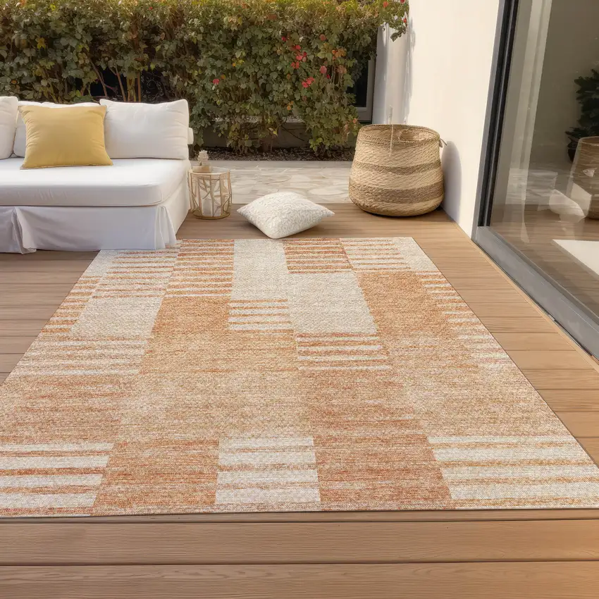 Salmon Peach And Ivory Striped Washable Indoor Outdoor Area Rug Photo 7