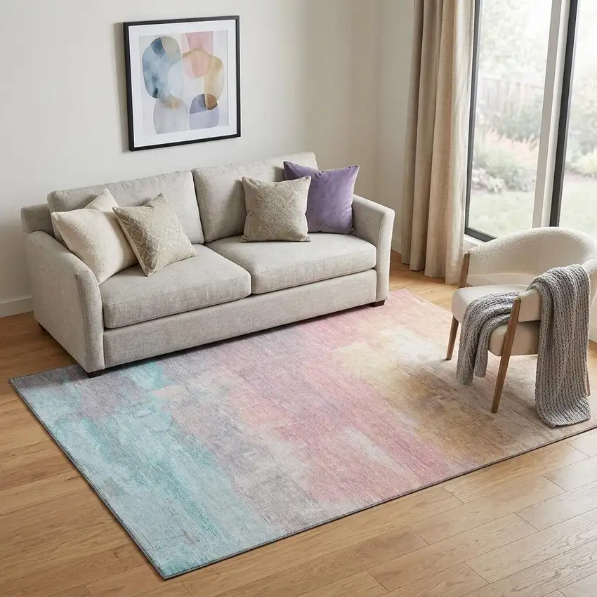 Salmon Silver And Teal Abstract Washable Area Rug With UV Protection Photo 1