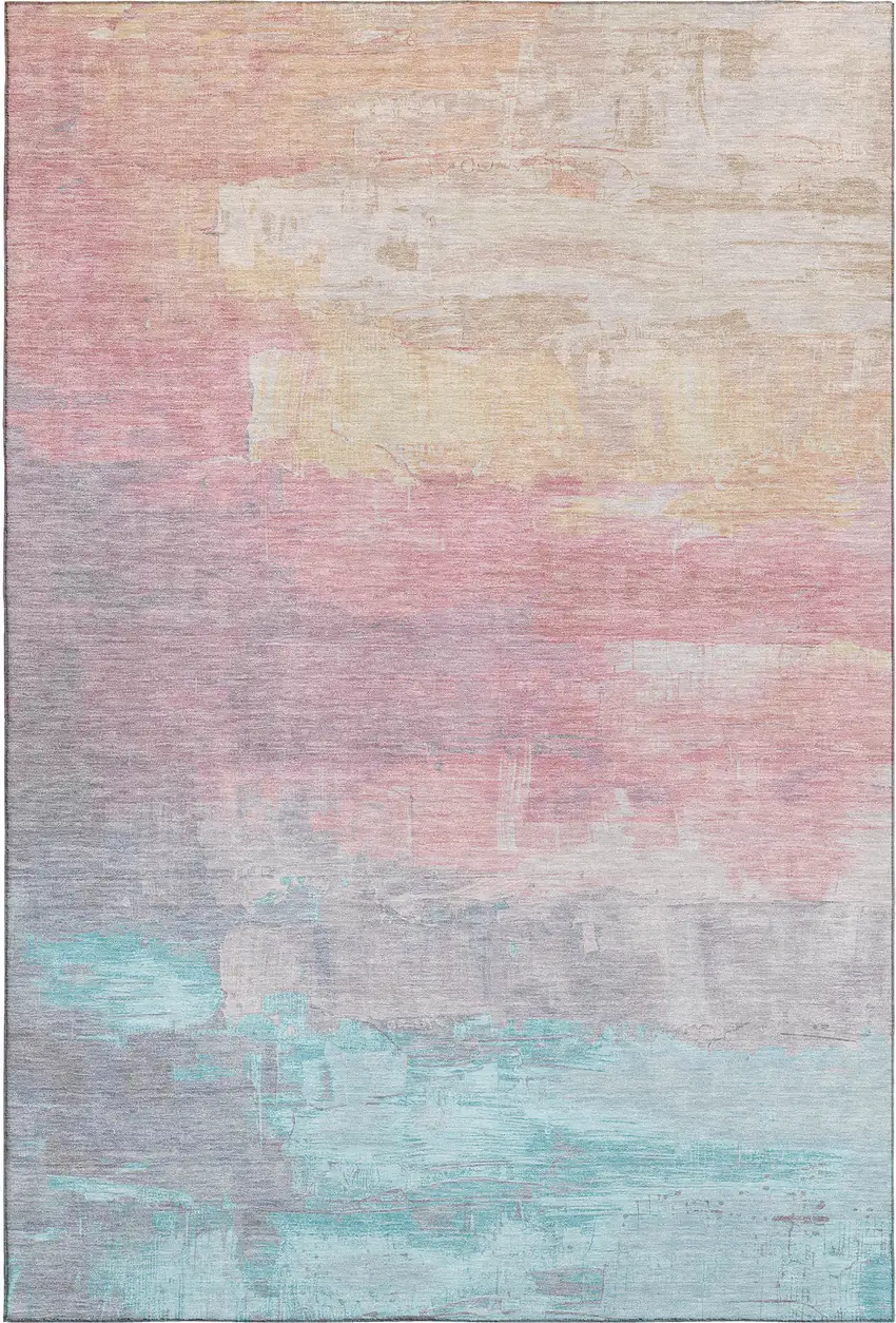 Salmon Silver And Teal Abstract Washable Area Rug With UV Protection Photo 3