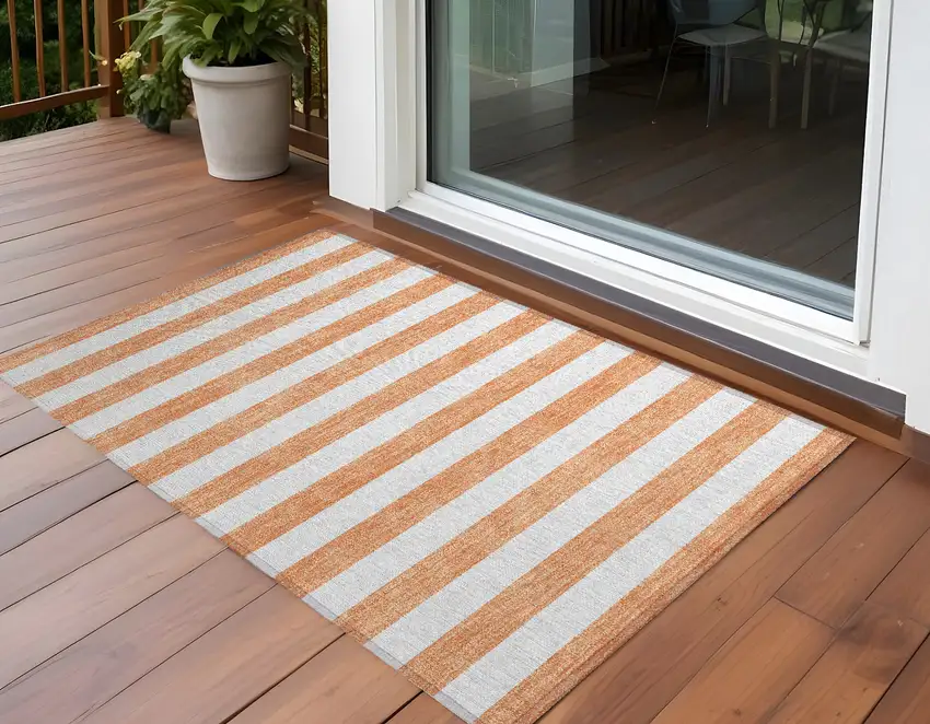 Salmon Striped Washable Non Skid Indoor Outdoor Area Rug Photo 1