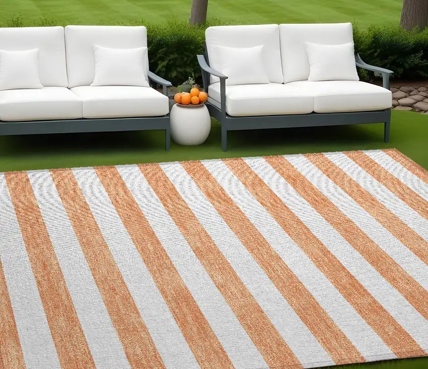 Salmon Striped Washable Non Skid Indoor Outdoor Area Rug Photo 1