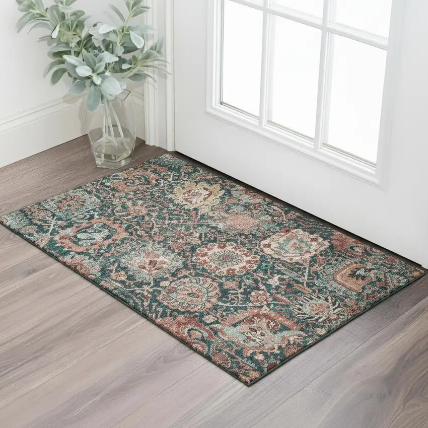 Salmon Teal And Peach Damask Washable Area Rug With UV Protection Photo 2