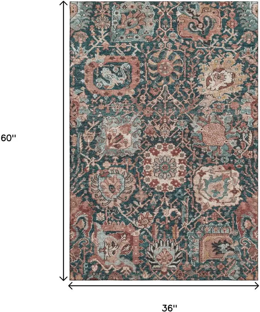 Salmon Teal And Peach Damask Washable Area Rug With UV Protection Photo 3