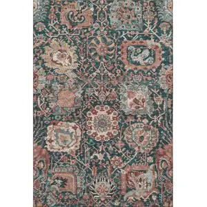 Photo of Salmon Teal And Peach Damask Washable Area Rug With UV Protection
