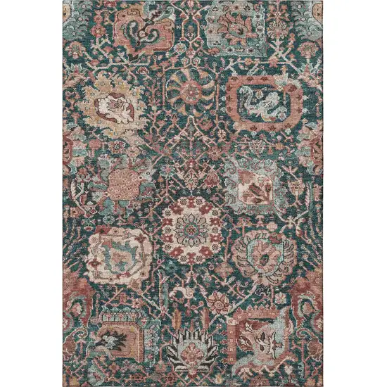 Salmon Teal And Peach Damask Washable Area Rug With UV Protection Photo 3