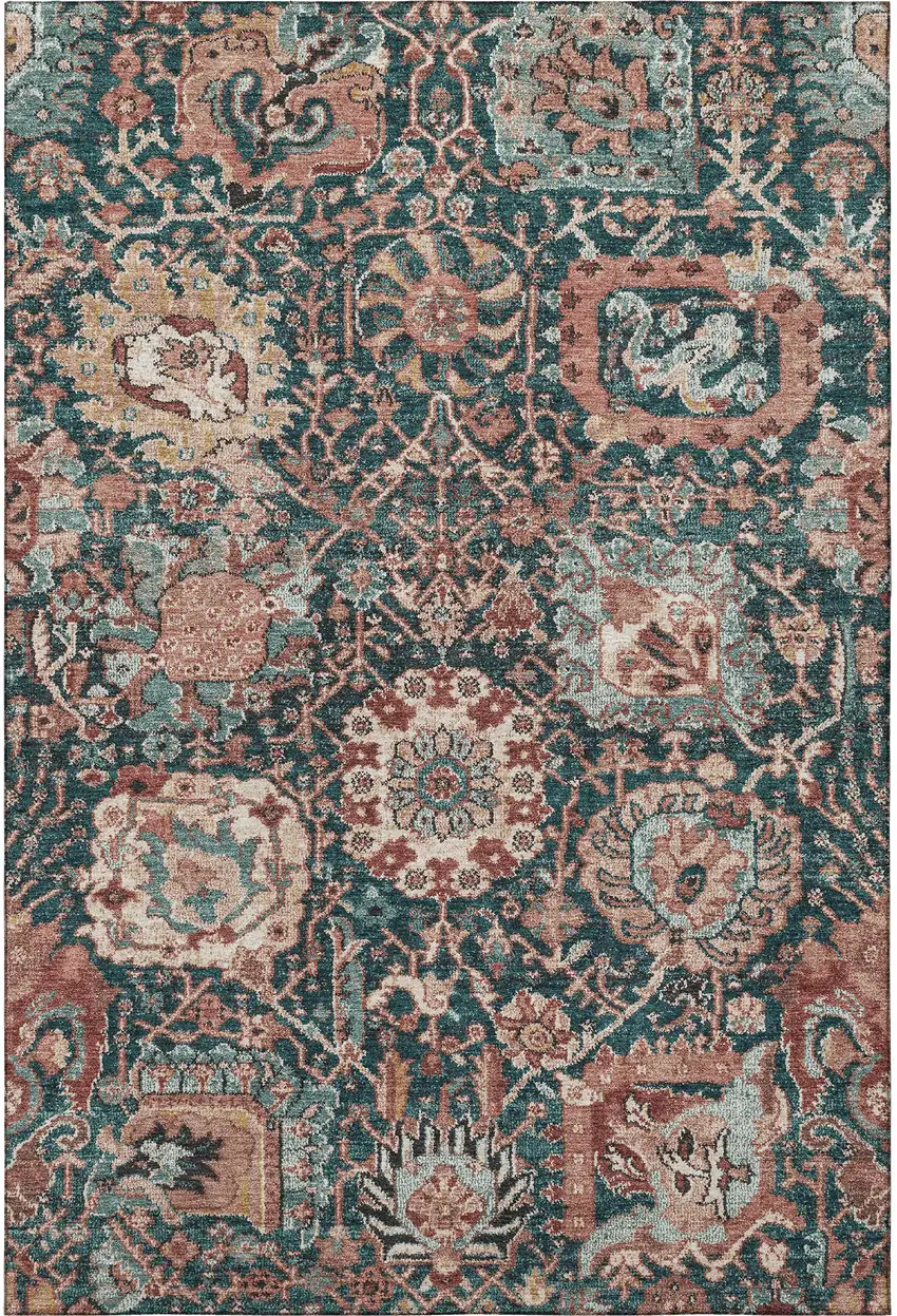 Salmon Teal And Peach Damask Washable Area Rug With UV Protection Photo 3