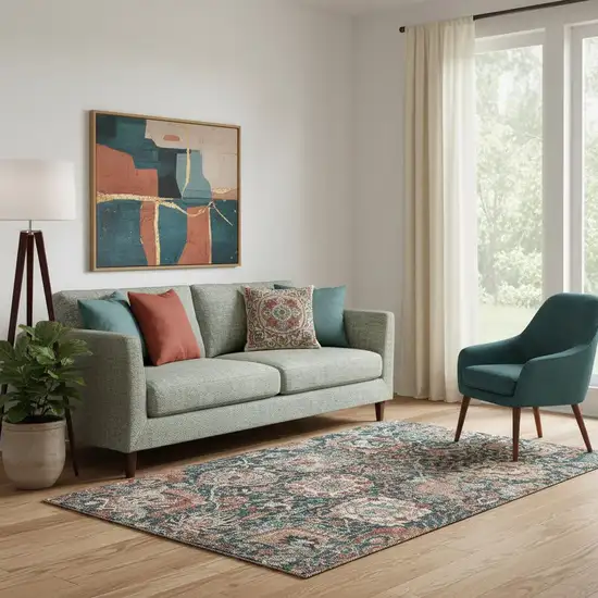 Salmon Teal And Peach Damask Washable Area Rug With UV Protection Photo 2