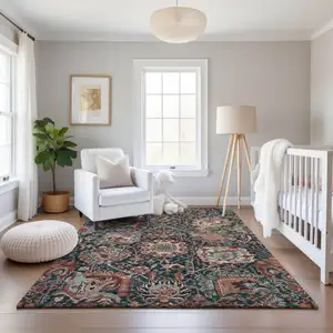 Photo of Salmon Teal And Peach Damask Washable Area Rug With UV Protection