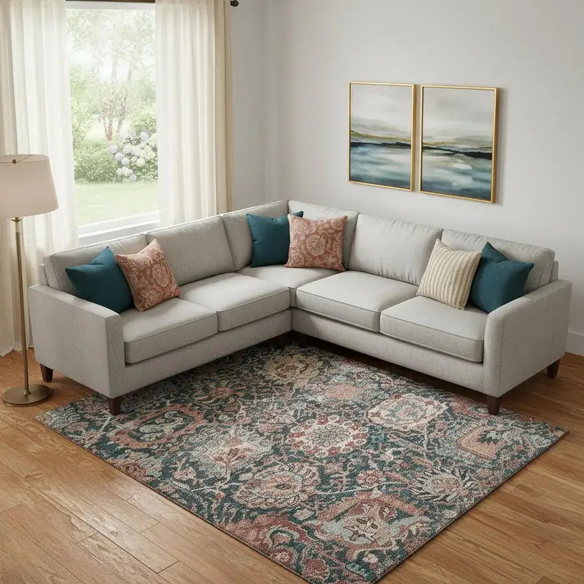 Salmon Teal And Peach Damask Washable Area Rug With UV Protection Photo 2