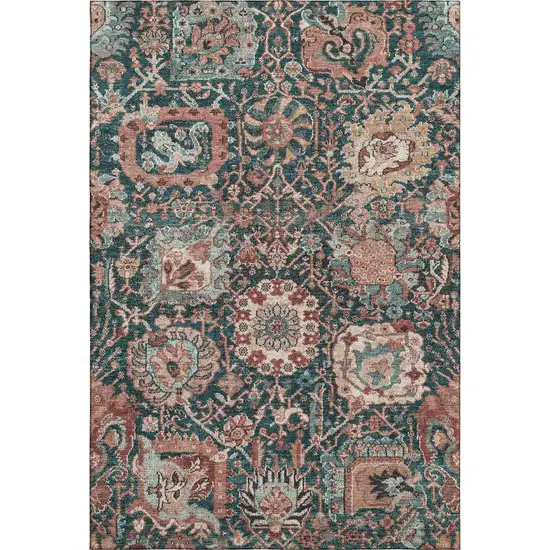 Salmon Teal And Peach Damask Washable Area Rug With UV Protection Photo 1