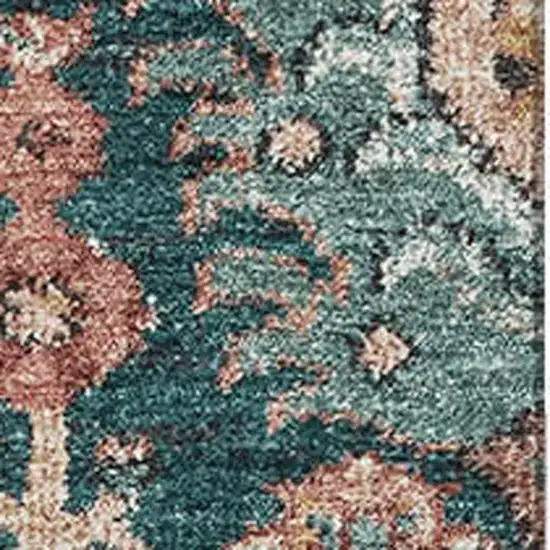 Salmon Teal And Peach Damask Washable Area Rug With UV Protection Photo 2